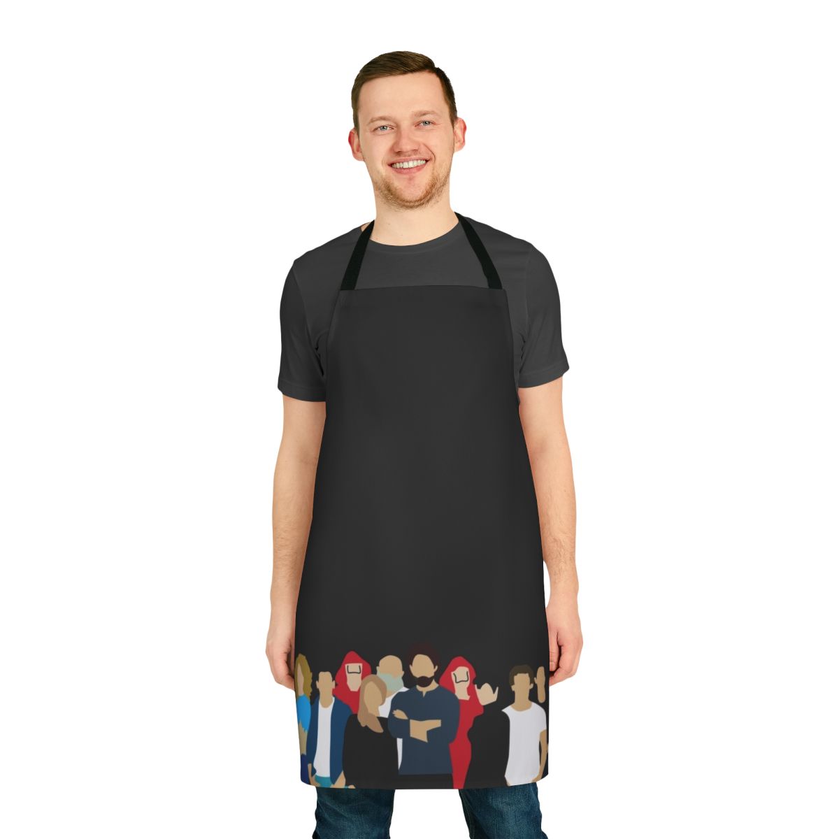 La Casa de Papel inspired apron featuring the show's iconic characters and logo