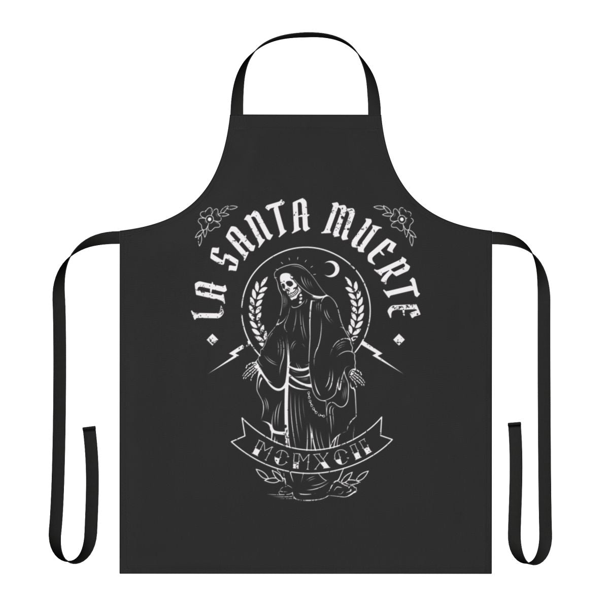 La Santa Muerte themed biker apron with skull, rose, and thunder graphics
