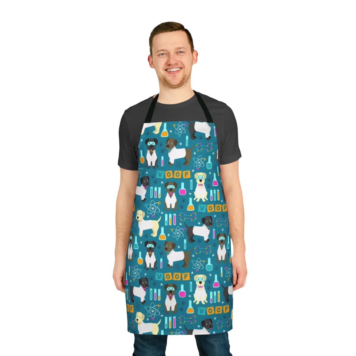 A stylish lab assistant apron with a fun science-themed design, perfect for science enthusiasts, nerds, and geeks.
