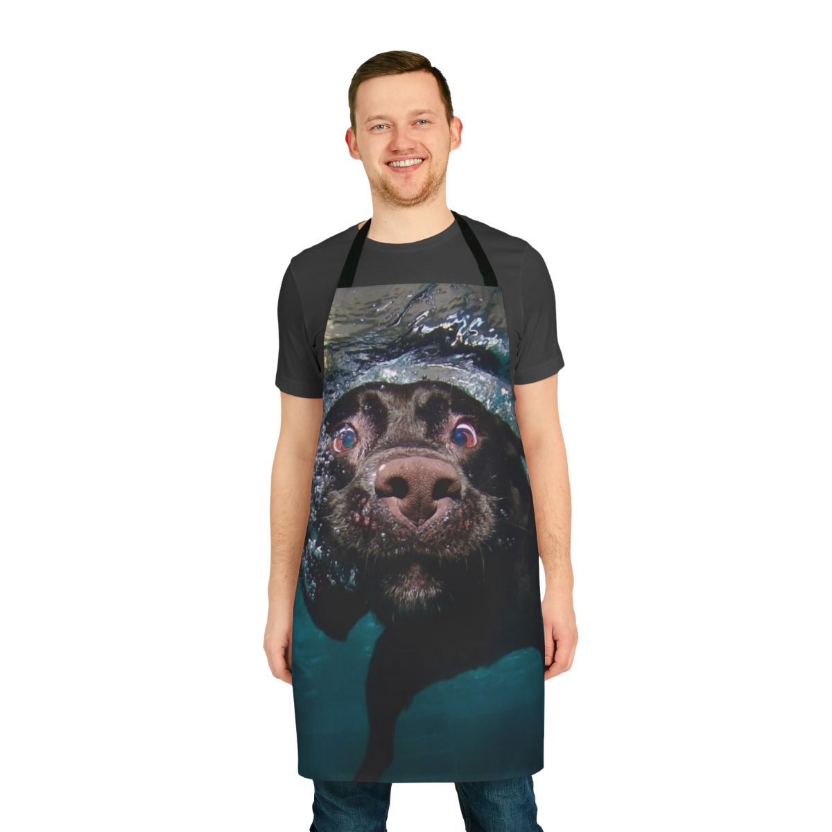 A high-quality apron featuring a cute swimming labrador retriever design, perfect for pet owners and dog lovers.
