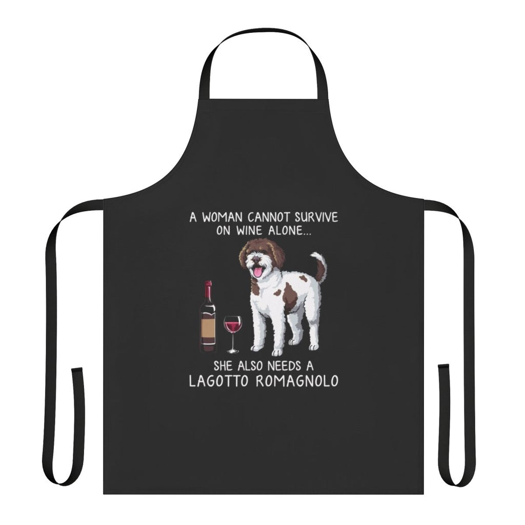 Lagotto Romagnolo dog wearing an apron with a wine glass design