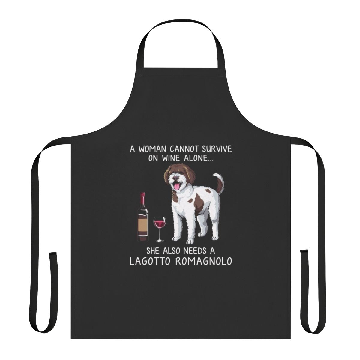 Lagotto Romagnolo dog wearing an apron with a wine glass design