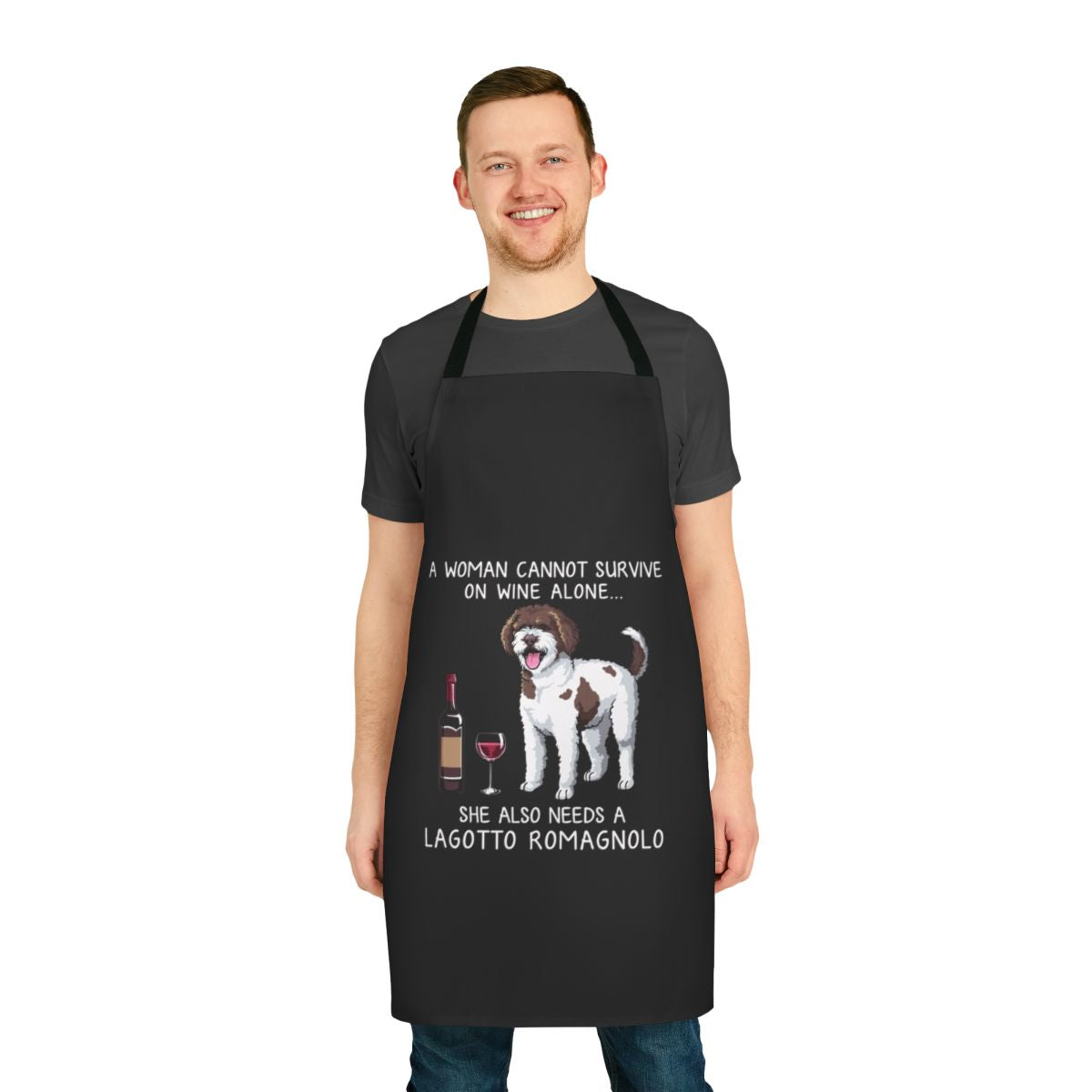 Lagotto Romagnolo dog wearing an apron with a wine glass design