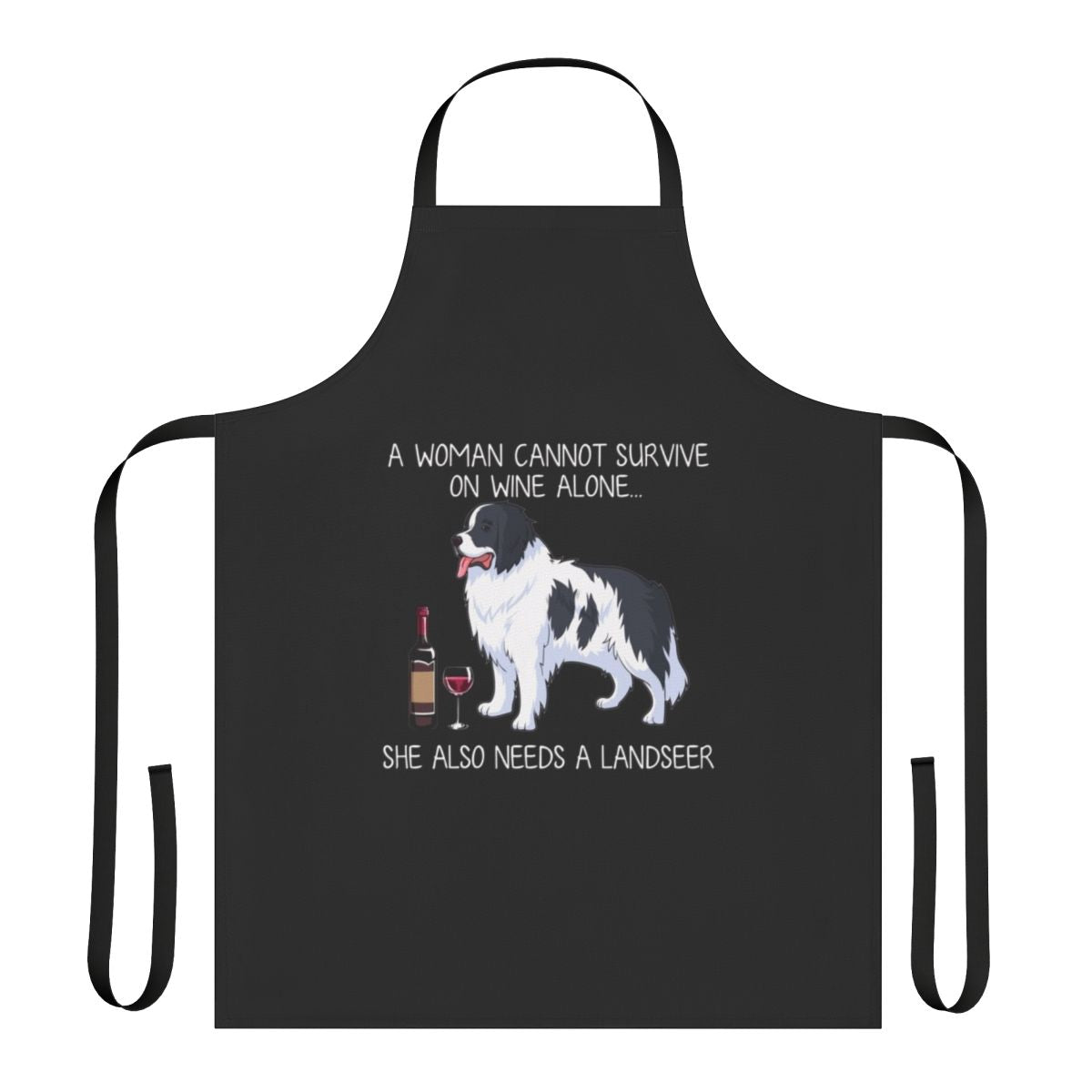 Landseer dog wearing a funny apron with a wine glass design