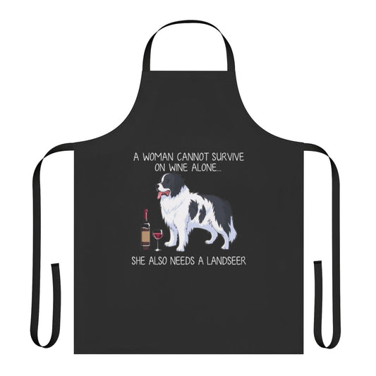Landseer dog wearing a funny apron with a wine glass design