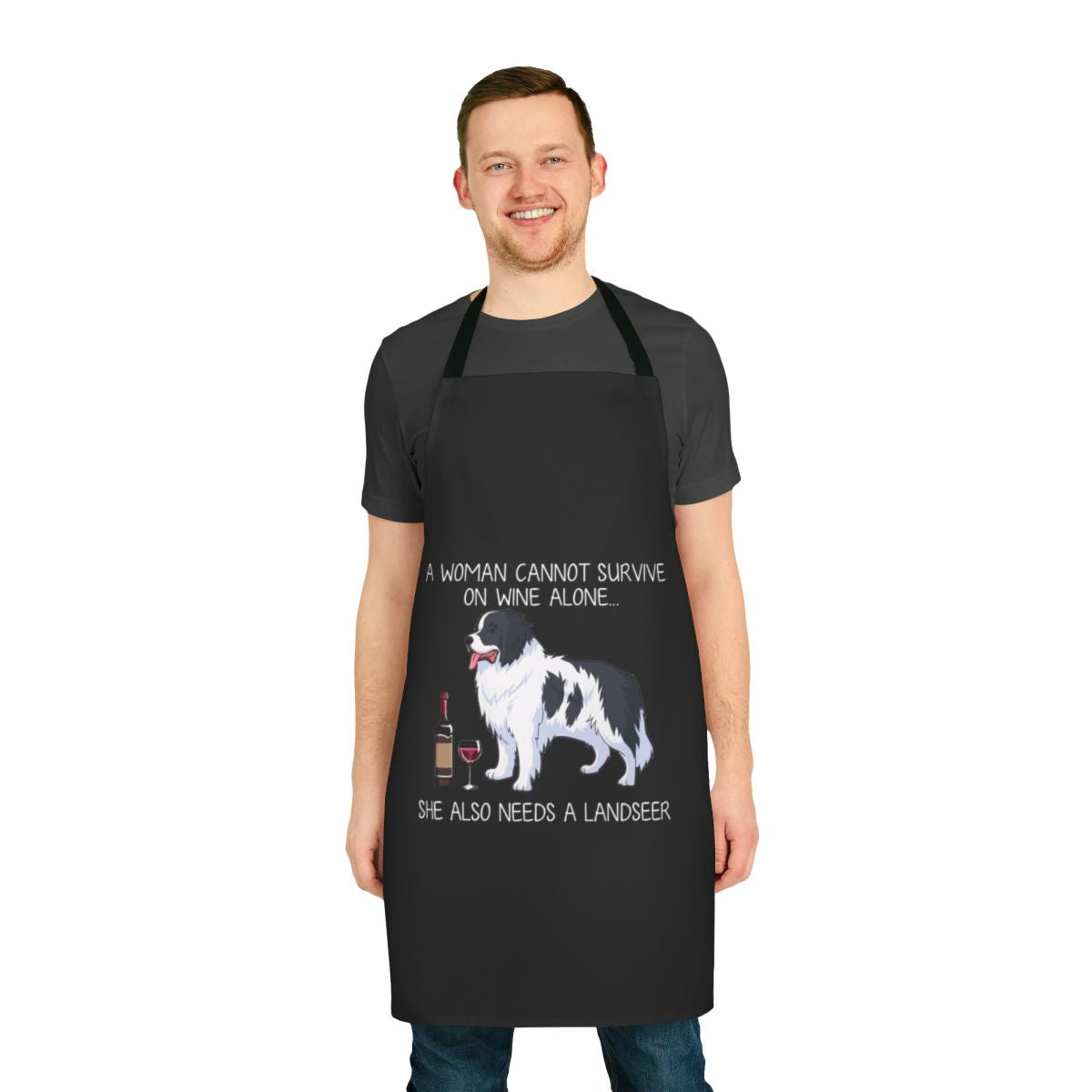 Landseer dog wearing a funny apron with a wine glass design