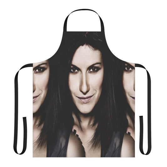 Elegant apron design featuring the name and likeness of Italian pop singer Laura Pausini