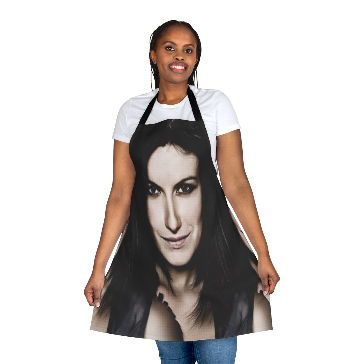 Elegant apron design featuring the name and likeness of Italian pop singer Laura Pausini