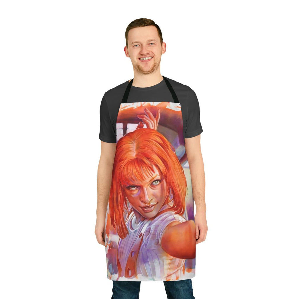 Leeloo-themed apron featuring the iconic multipass design from the science fiction film The Fifth Element