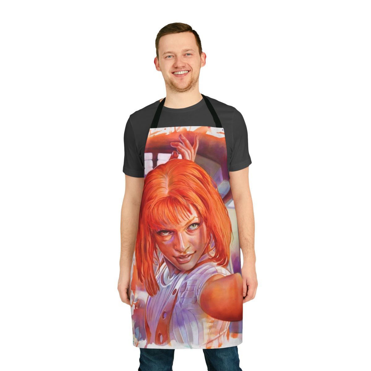 Leeloo-themed apron featuring the iconic multipass design from the science fiction film The Fifth Element