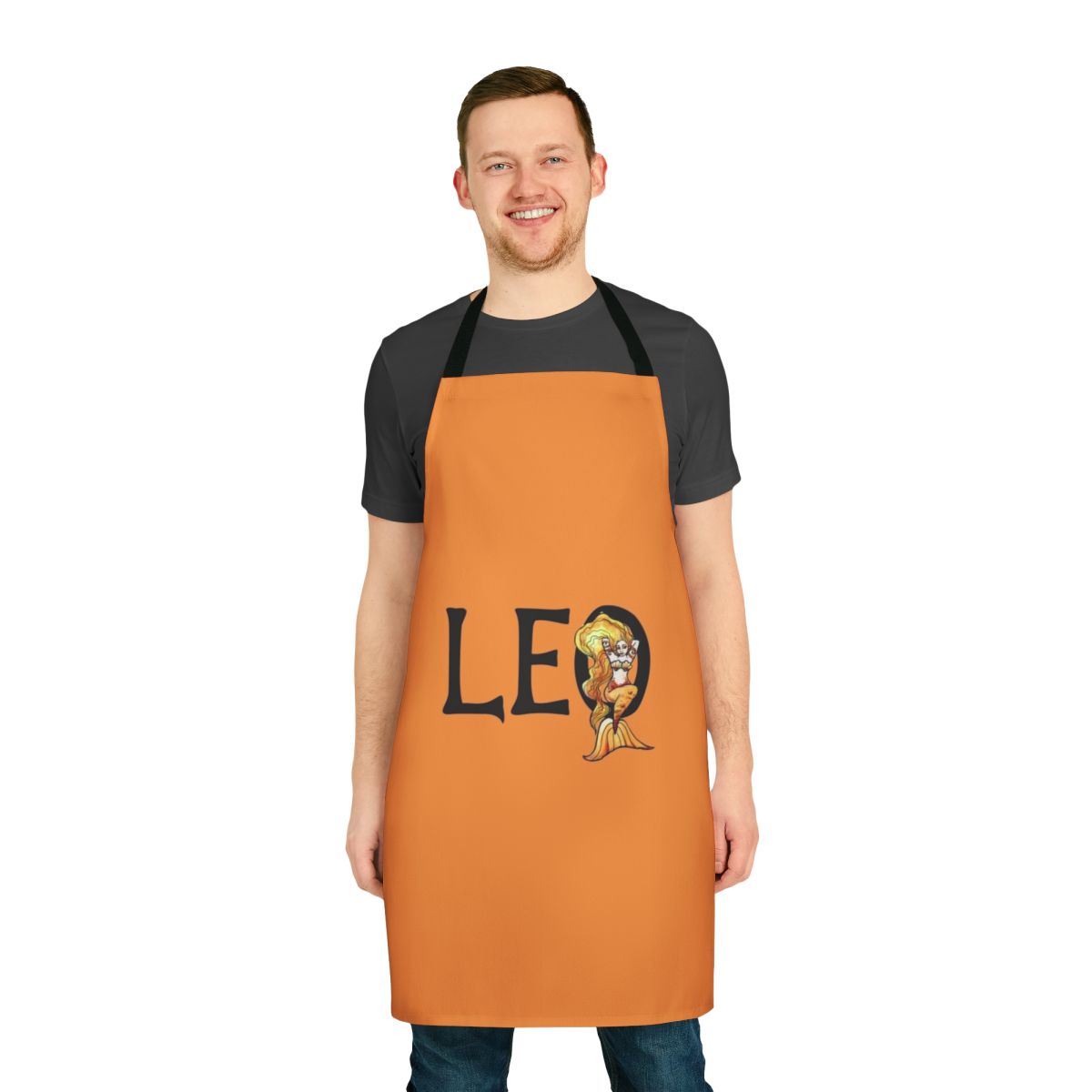 Illustrated apron featuring a whimsical lion-mermaid design
