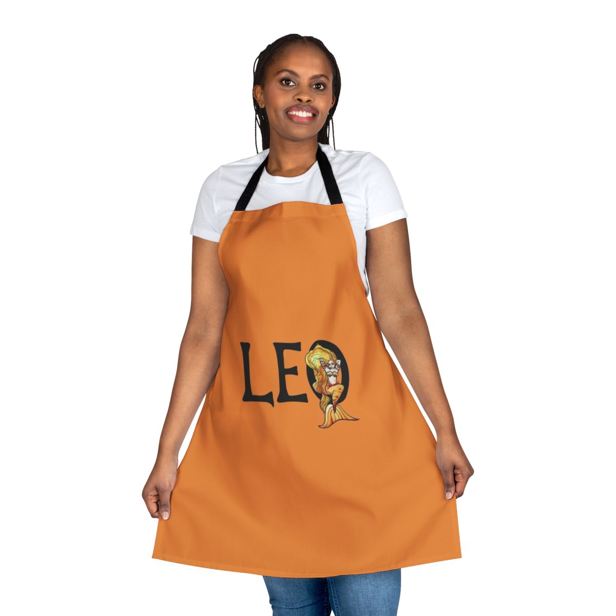 Illustrated apron featuring a whimsical lion-mermaid design