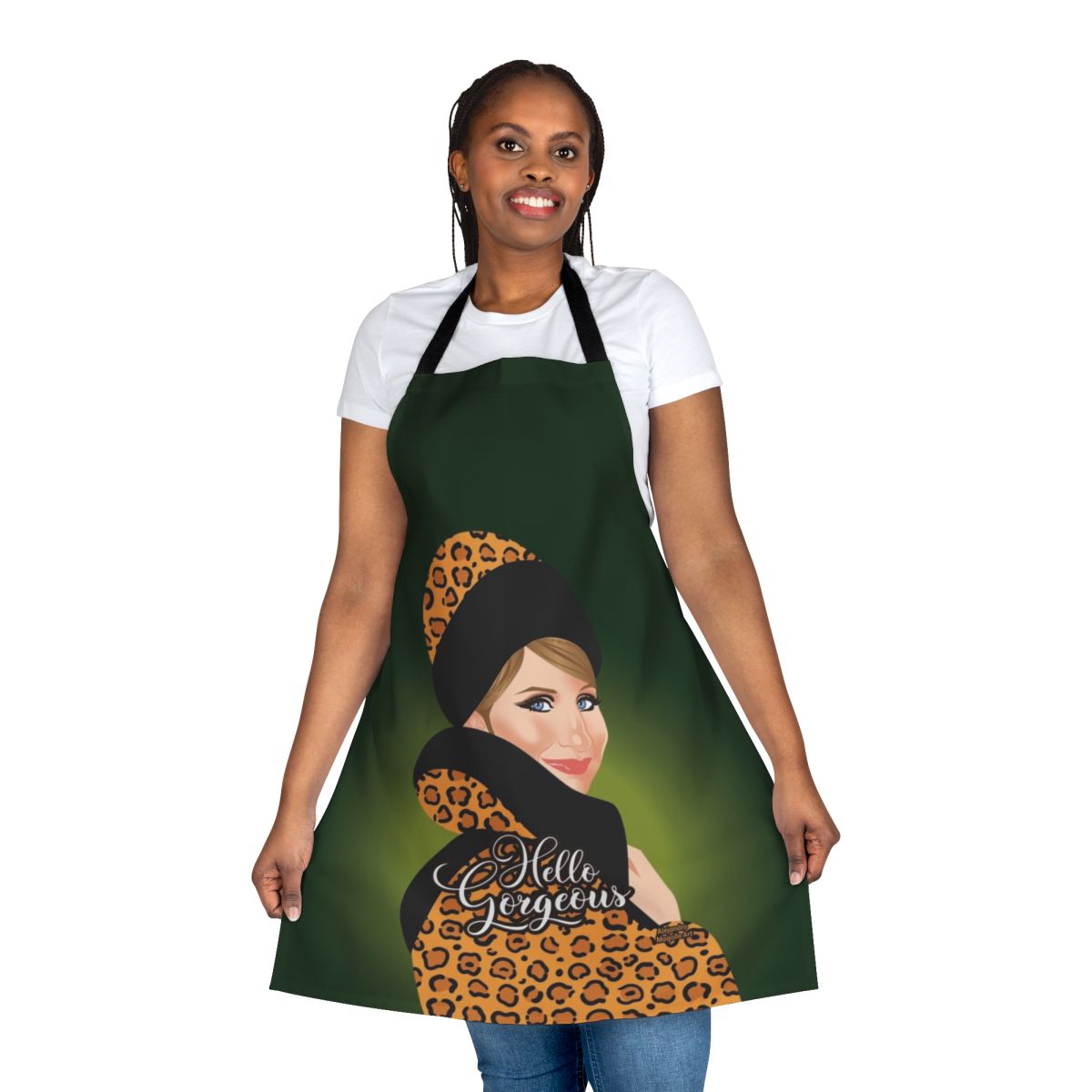 Leopard print apron with bold, artistic design