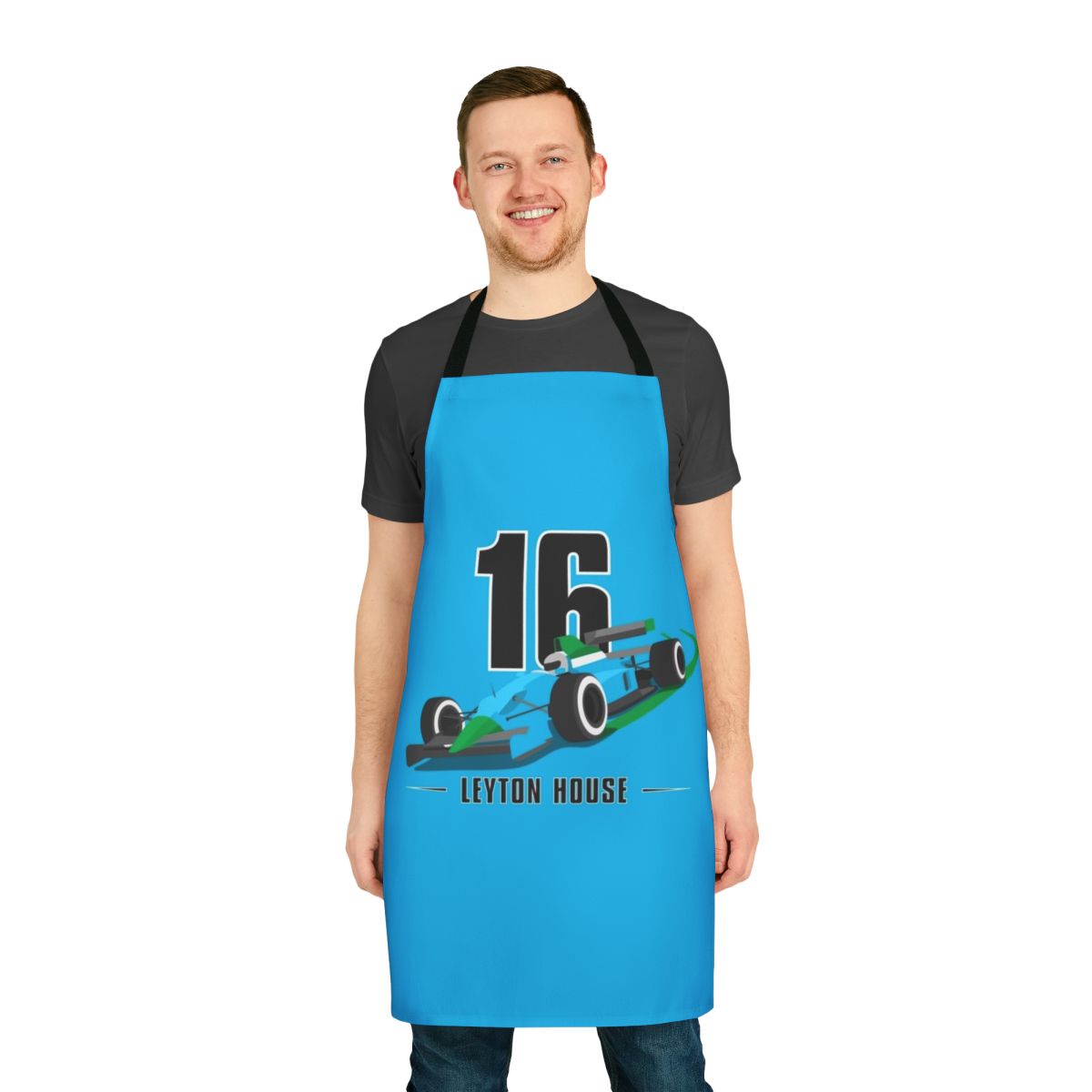 Colorful apron inspired by the iconic Leyton House Formula 1 car design