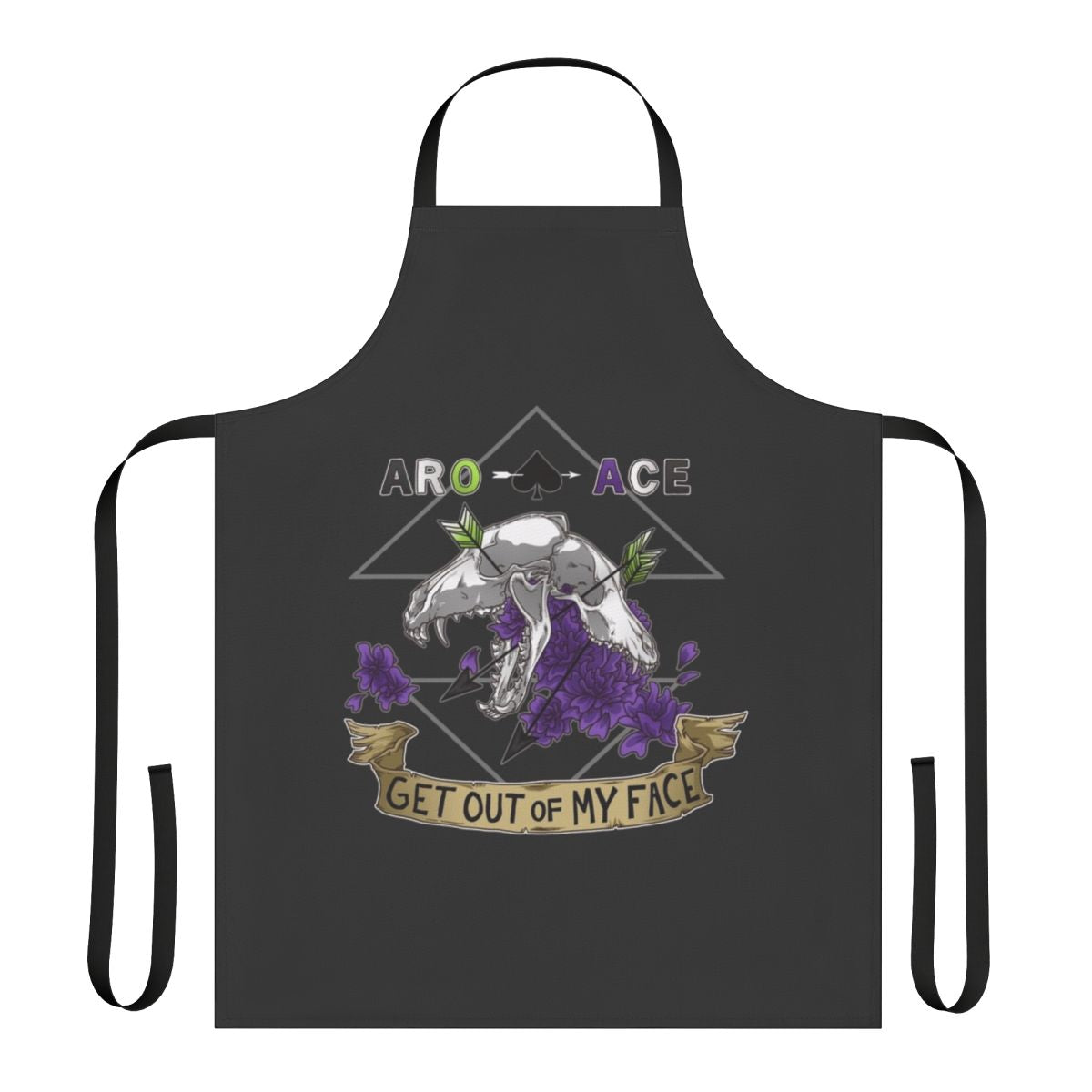 Colorful apron with skulls, bones, and flowers, celebrating aromantic and asexual pride