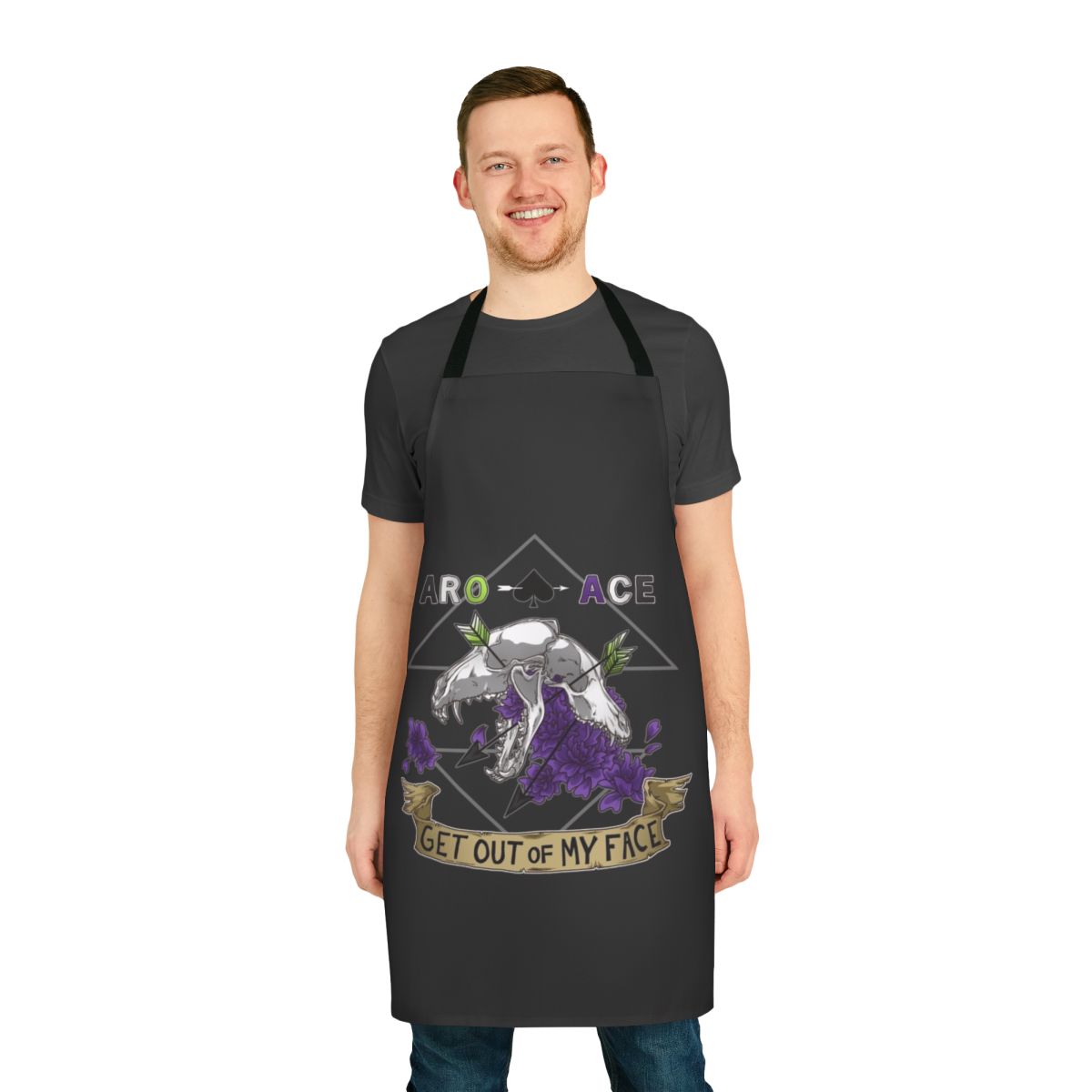 Colorful apron with skulls, bones, and flowers, celebrating aromantic and asexual pride