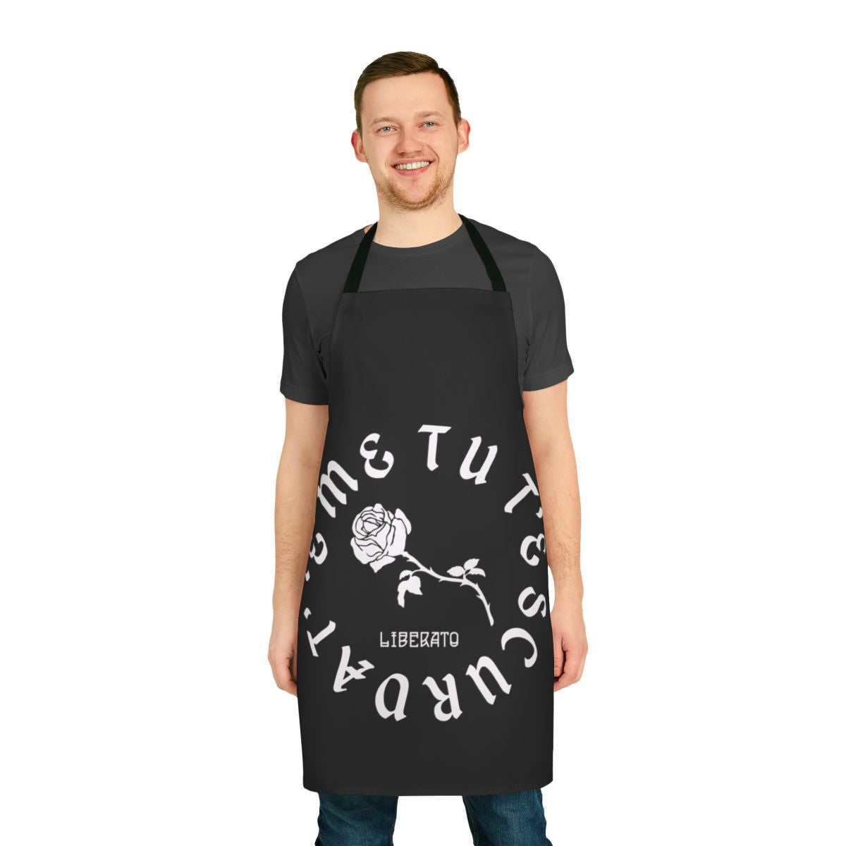 Liberato-inspired black and white apron with rose design