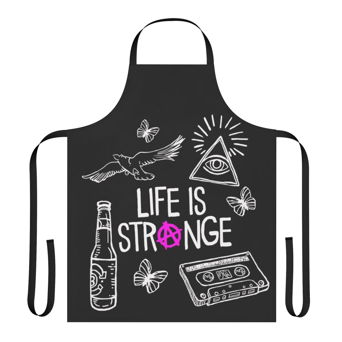 Stylish black and white apron with Life is Strange-inspired design featuring Chloe Price