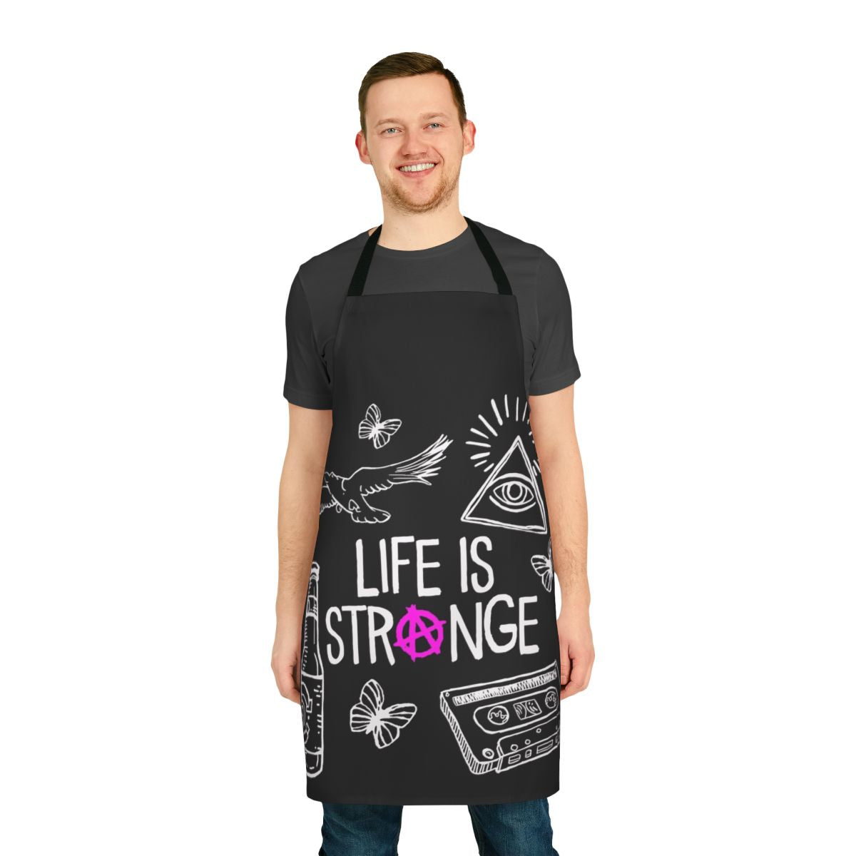 Stylish black and white apron with Life is Strange-inspired design featuring Chloe Price