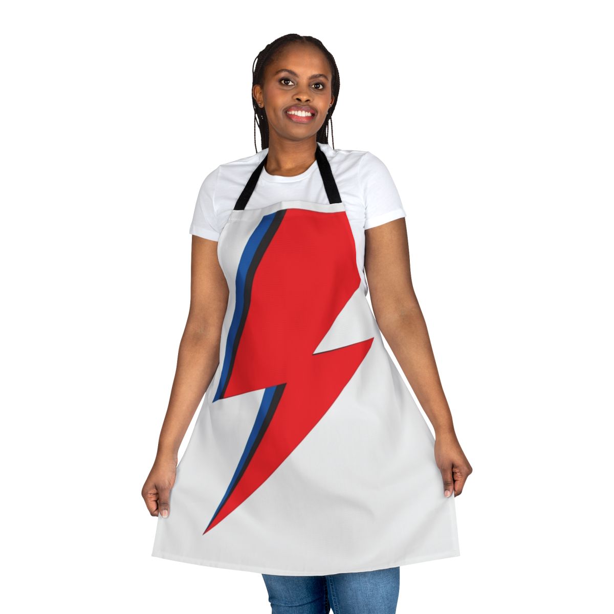 A stylish apron featuring a lightning bolt design for fashion-forward music lovers