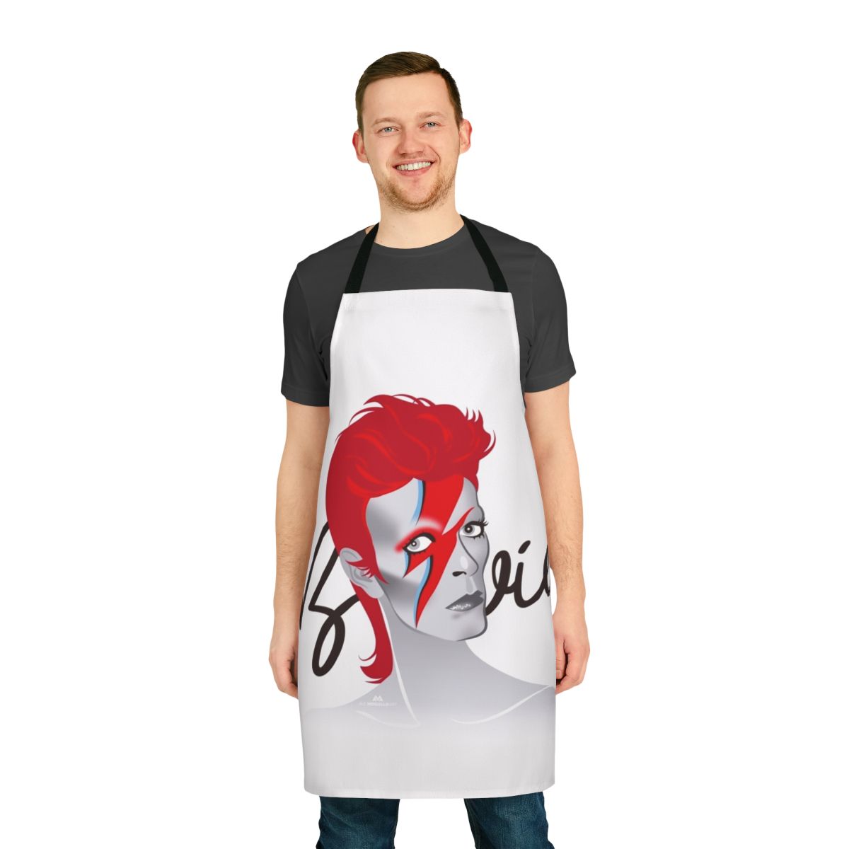 A stylish apron featuring a lightning design by renowned artist Alejandro Mogollo.