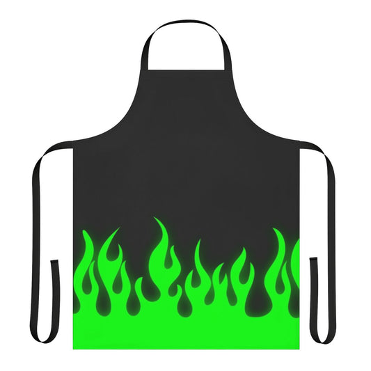 Lime green apron with fiery flame design, perfect for the modern, stylish kitchen.