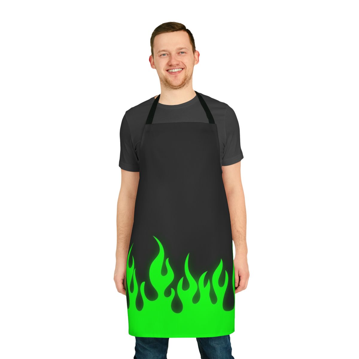 Lime green apron with fiery flame design, perfect for the modern, stylish kitchen.