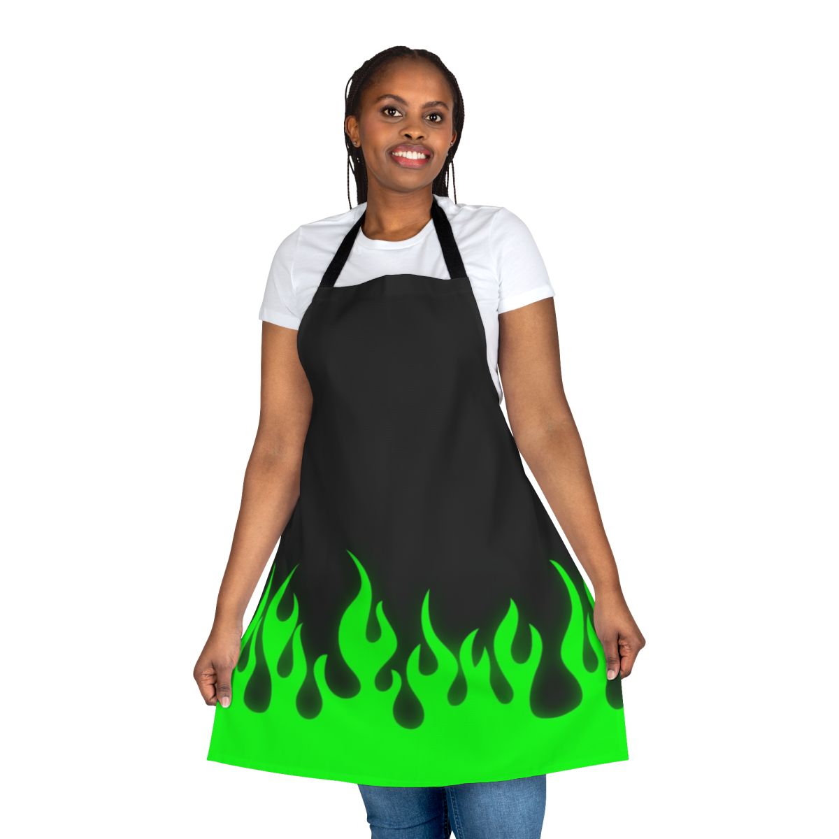 Lime green apron with fiery flame design, perfect for the modern, stylish kitchen.