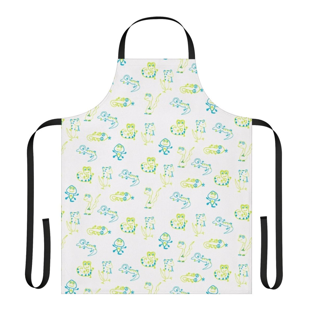 Vibrant lizard print apron with adjustable neck and waist ties for comfortable, eco-friendly cooking and gardening.