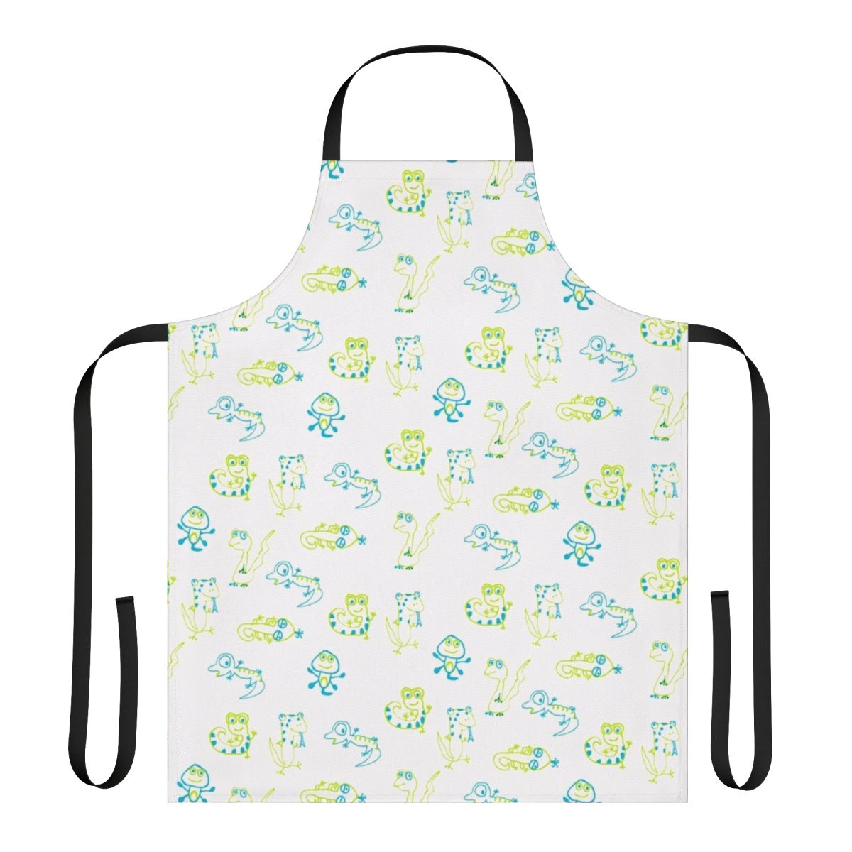Vibrant lizard print apron with adjustable neck and waist ties for comfortable, eco-friendly cooking and gardening.
