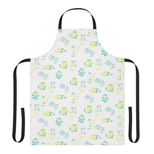 Vibrant lizard print apron with adjustable neck and waist ties for comfortable, eco-friendly cooking and gardening.