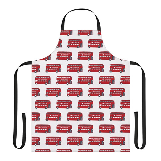 Apron featuring a red double decker bus pattern, a classic icon of London's cityscape