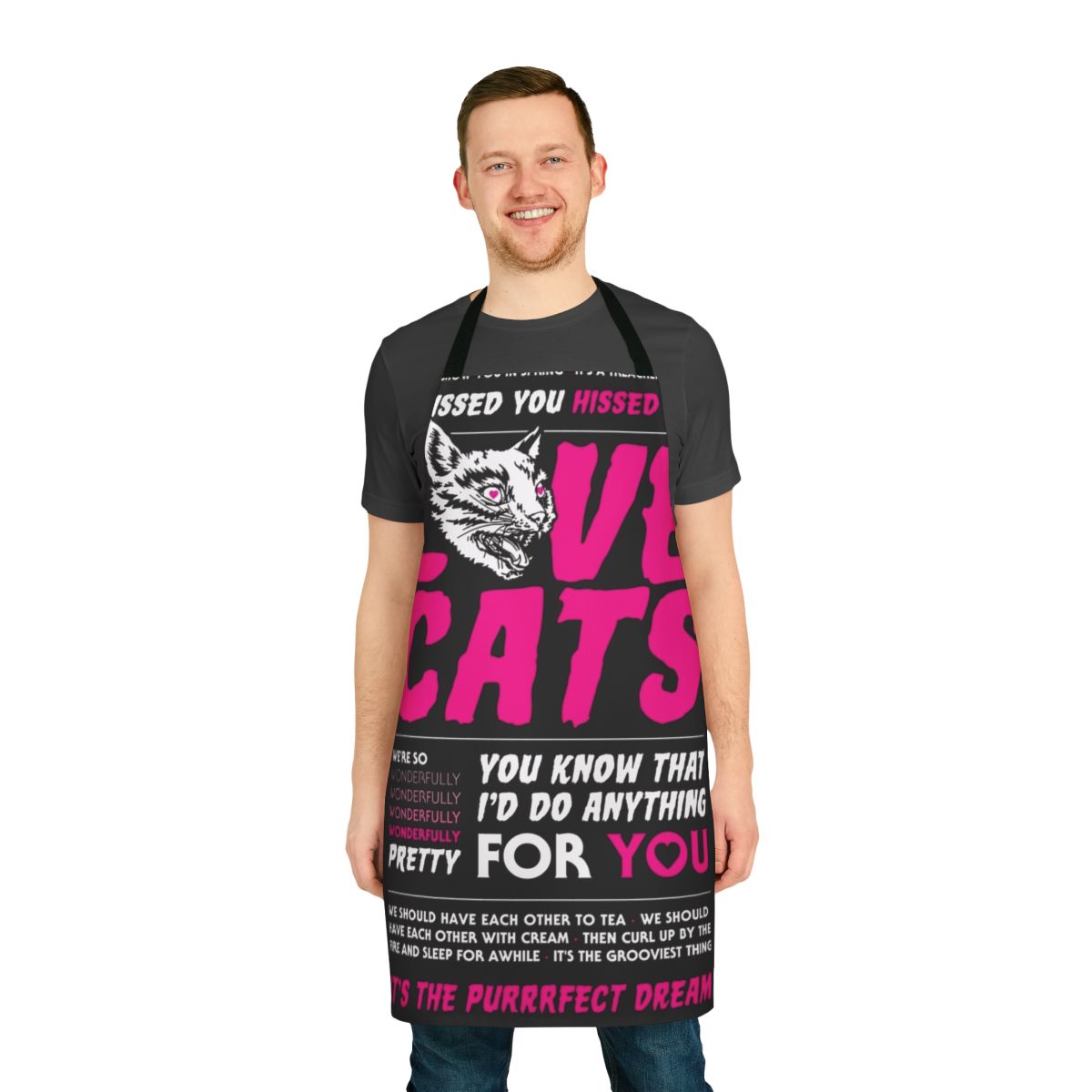 Stylish apron featuring a graphic design of cats for emo, punk rock, and alternative music lovers