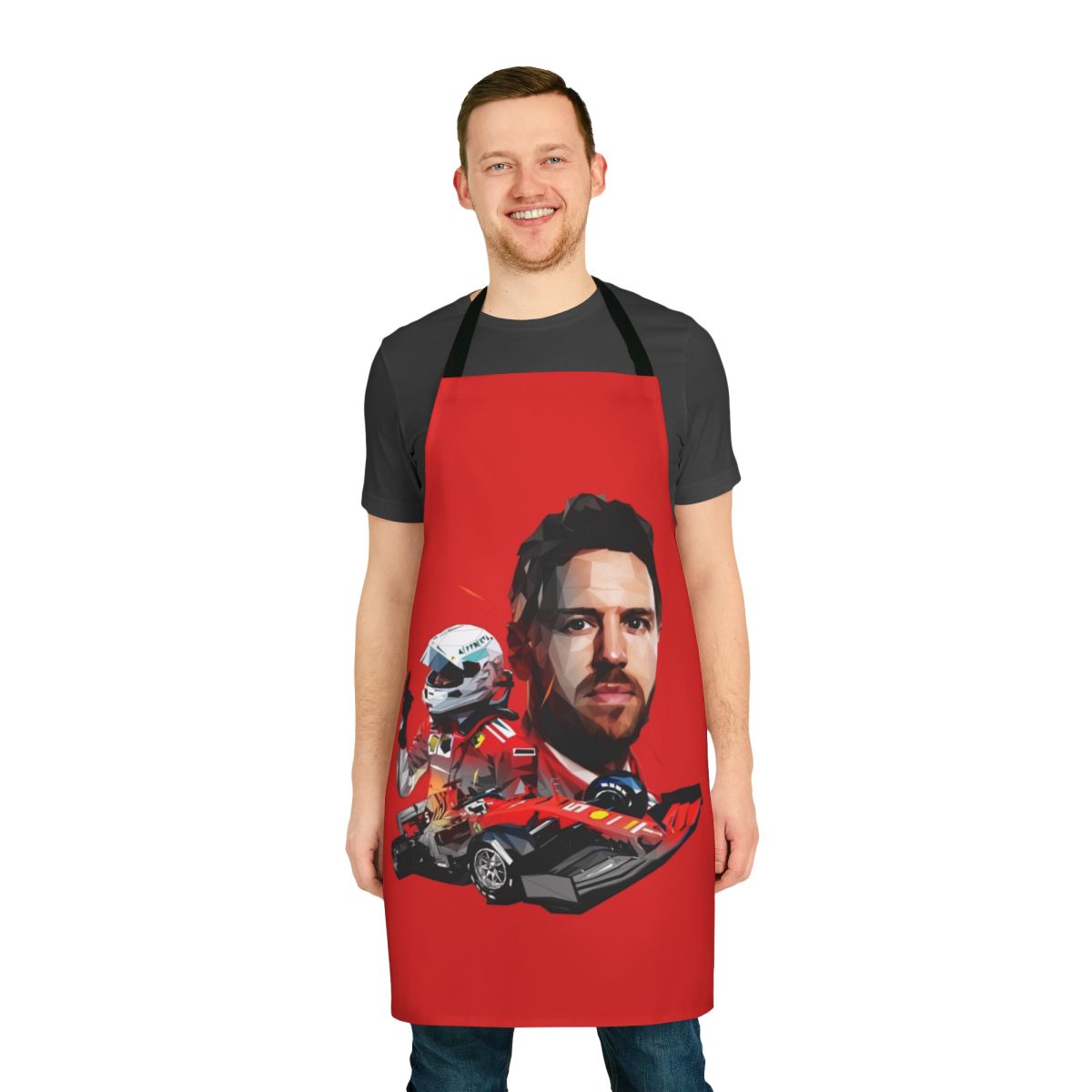 Stylish low poly design apron featuring Sebastian Vettel, the Formula 1 racing champion