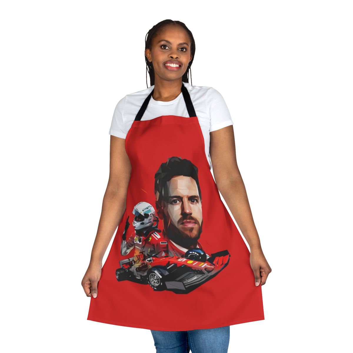 Stylish low poly design apron featuring Sebastian Vettel, the Formula 1 racing champion
