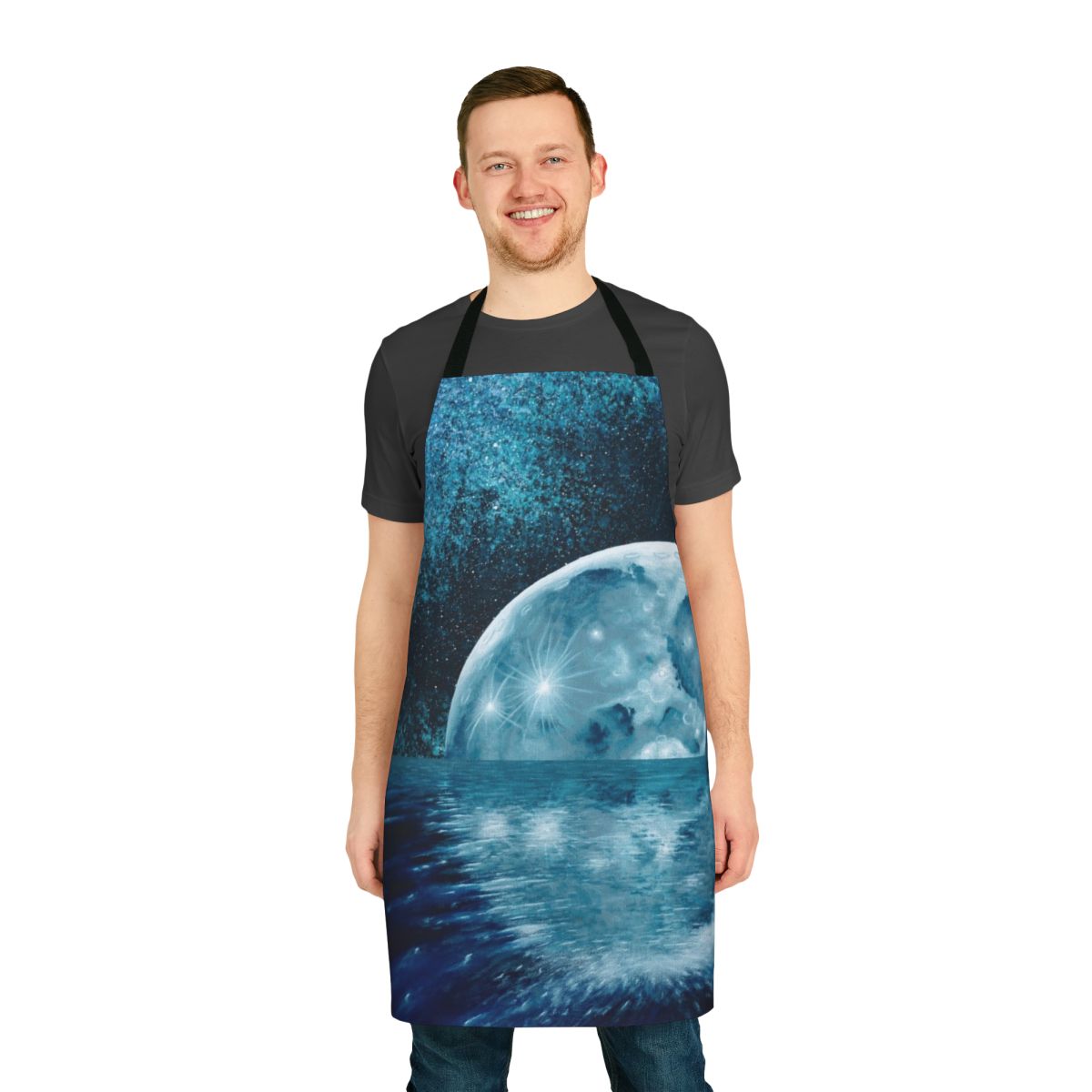 Lunar Mirror Acrylic Apron featuring a captivating celestial design by Mal Georg