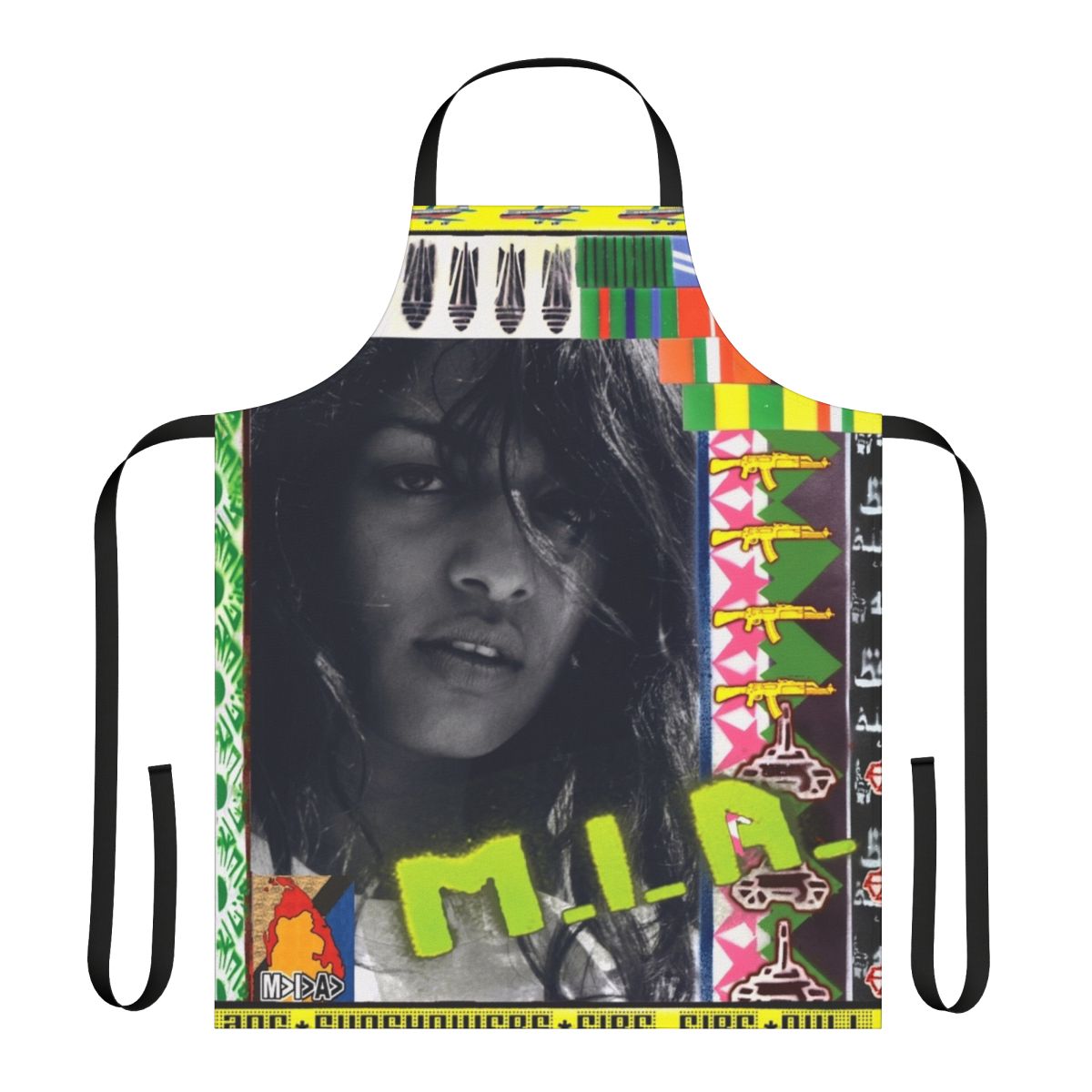 M I A-inspired apron featuring graphic design elements