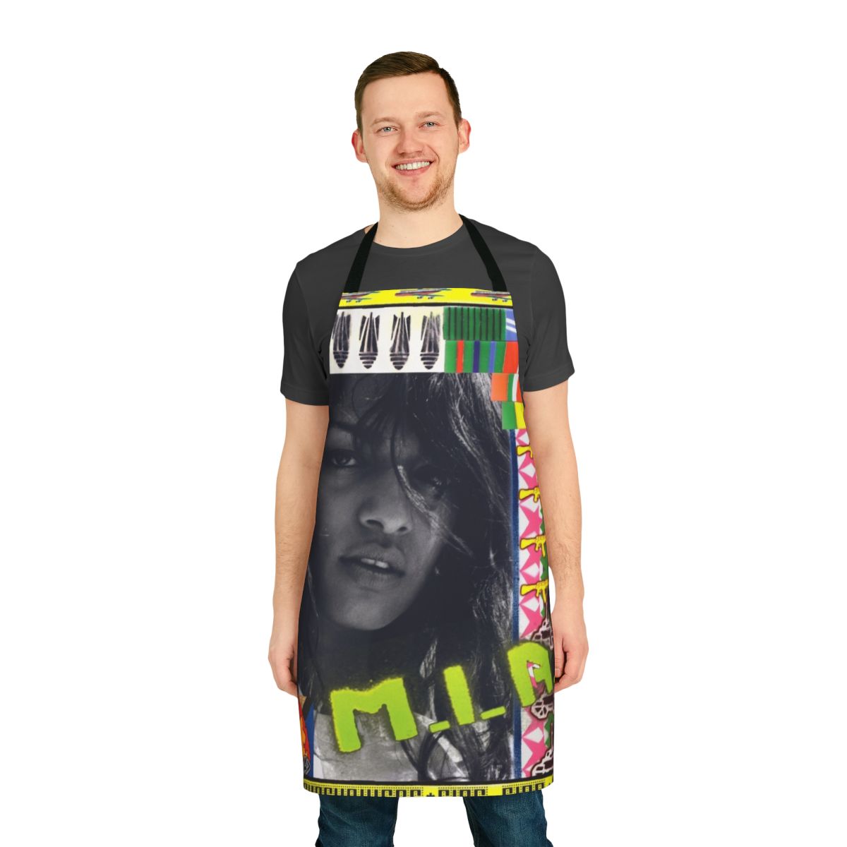 M I A-inspired apron featuring graphic design elements