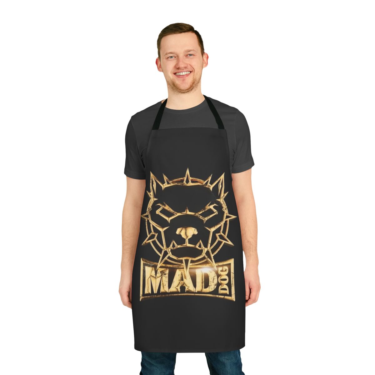 Vibrant mad dog-inspired apron with bold graphics and patterns