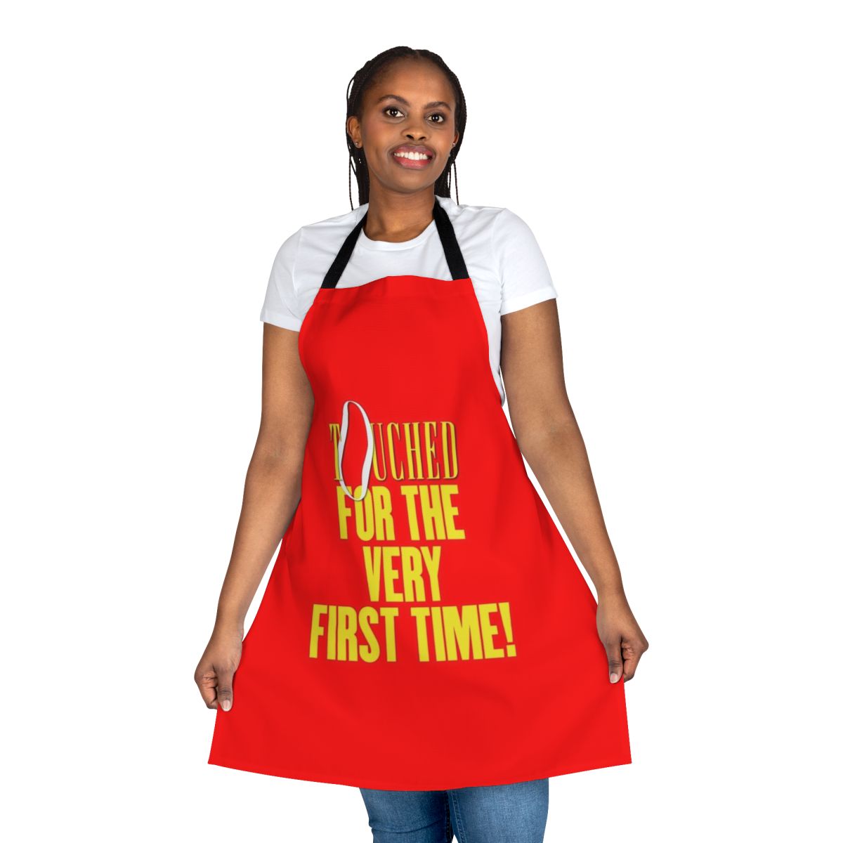 A chic, music-themed apron featuring iconic Madonna album covers and song titles.