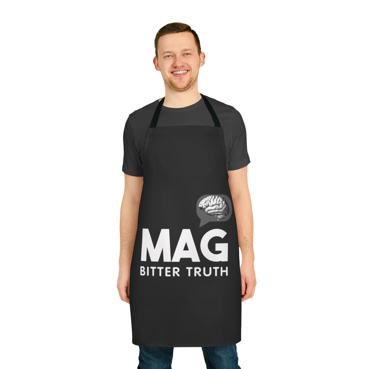 Mag-inspired kitchen apron with bold graphic design