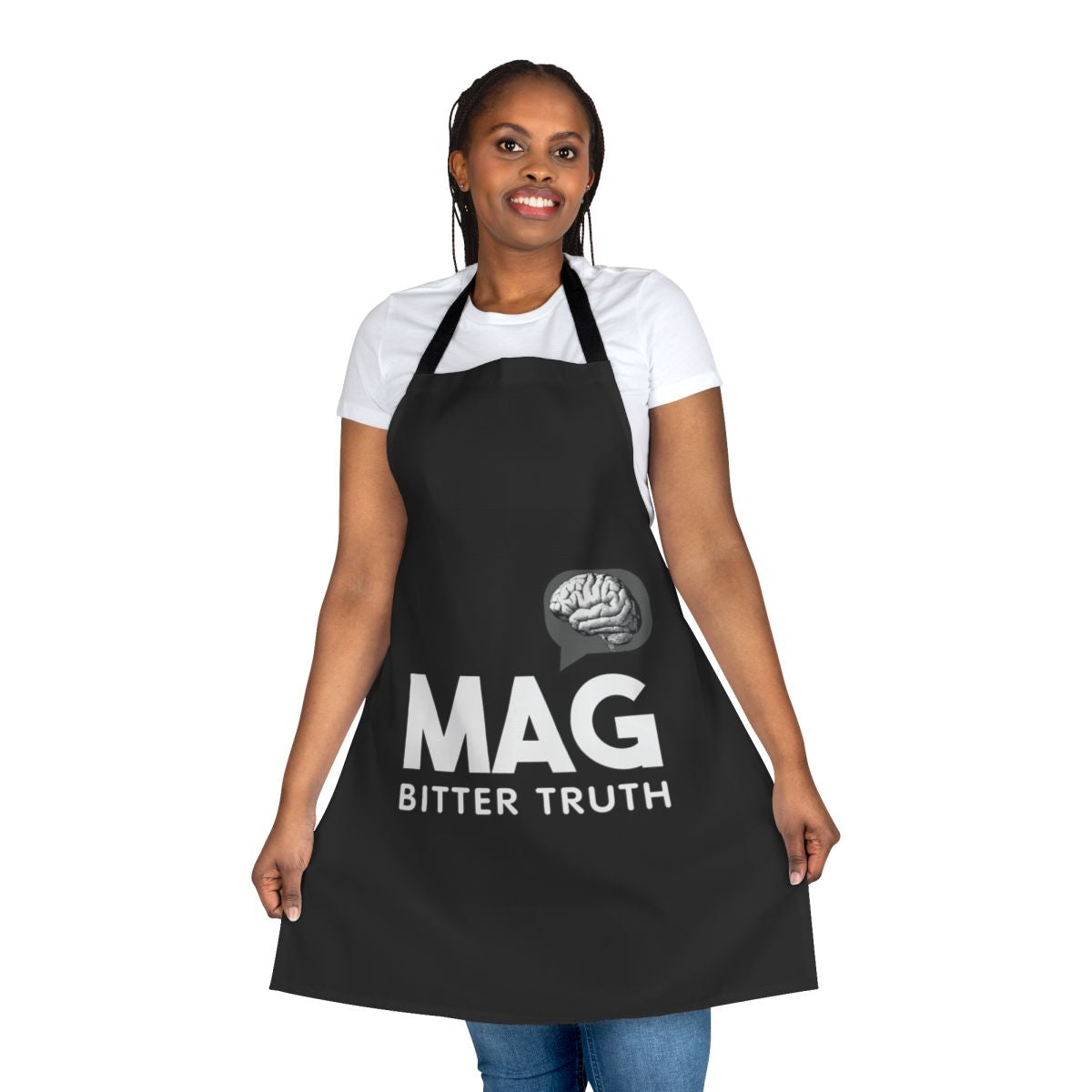 Mag-inspired kitchen apron with bold graphic design