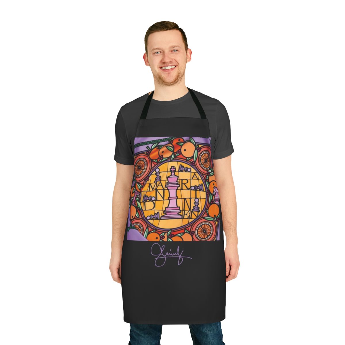 Shindy 2021 merch collection apron in mandarin orange and baby blue signature style