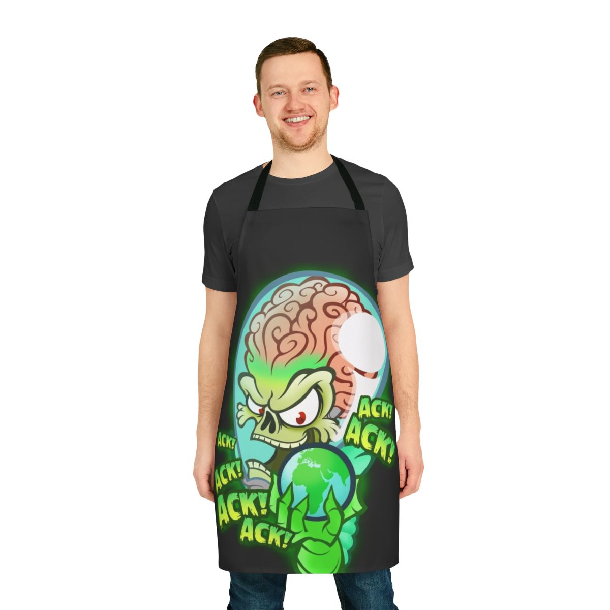 Mars Attacks alien apron featuring the iconic "ack ack ack" design
