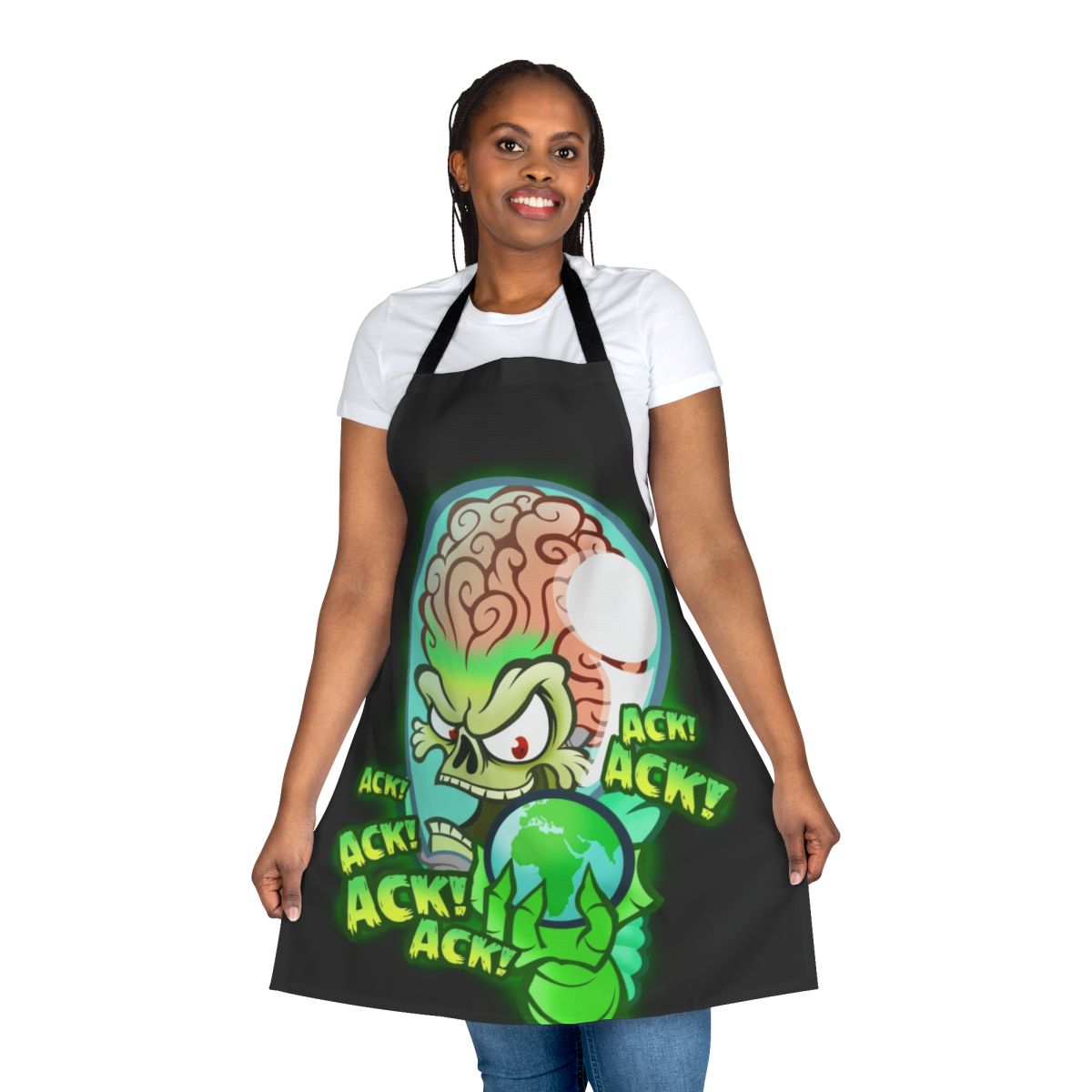 Mars Attacks alien apron featuring the iconic "ack ack ack" design