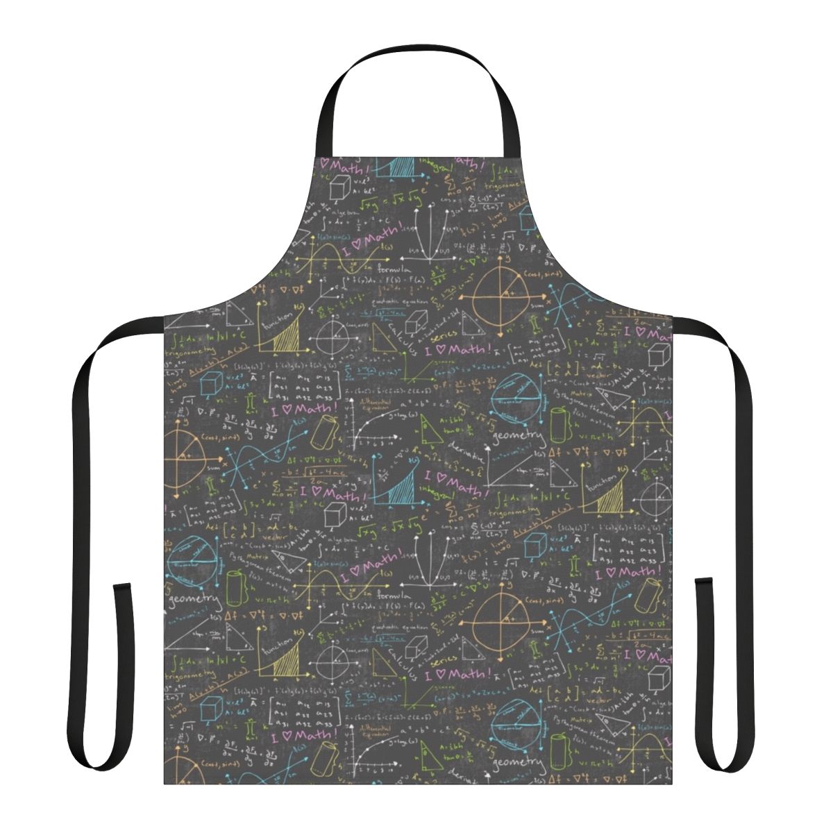 A stylish apron featuring a chalkboard design and mathematical elements, perfect for math enthusiasts, scientists, and engineers.
