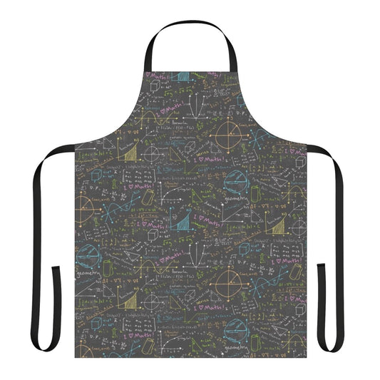 A stylish apron featuring a chalkboard design and mathematical elements, perfect for math enthusiasts, scientists, and engineers.