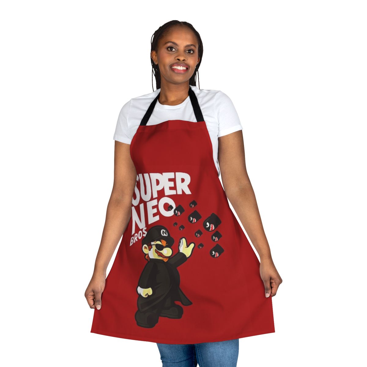 Matrix-inspired apron featuring Keanu Reeves as Neo and the iconic "there is no spoon" quote