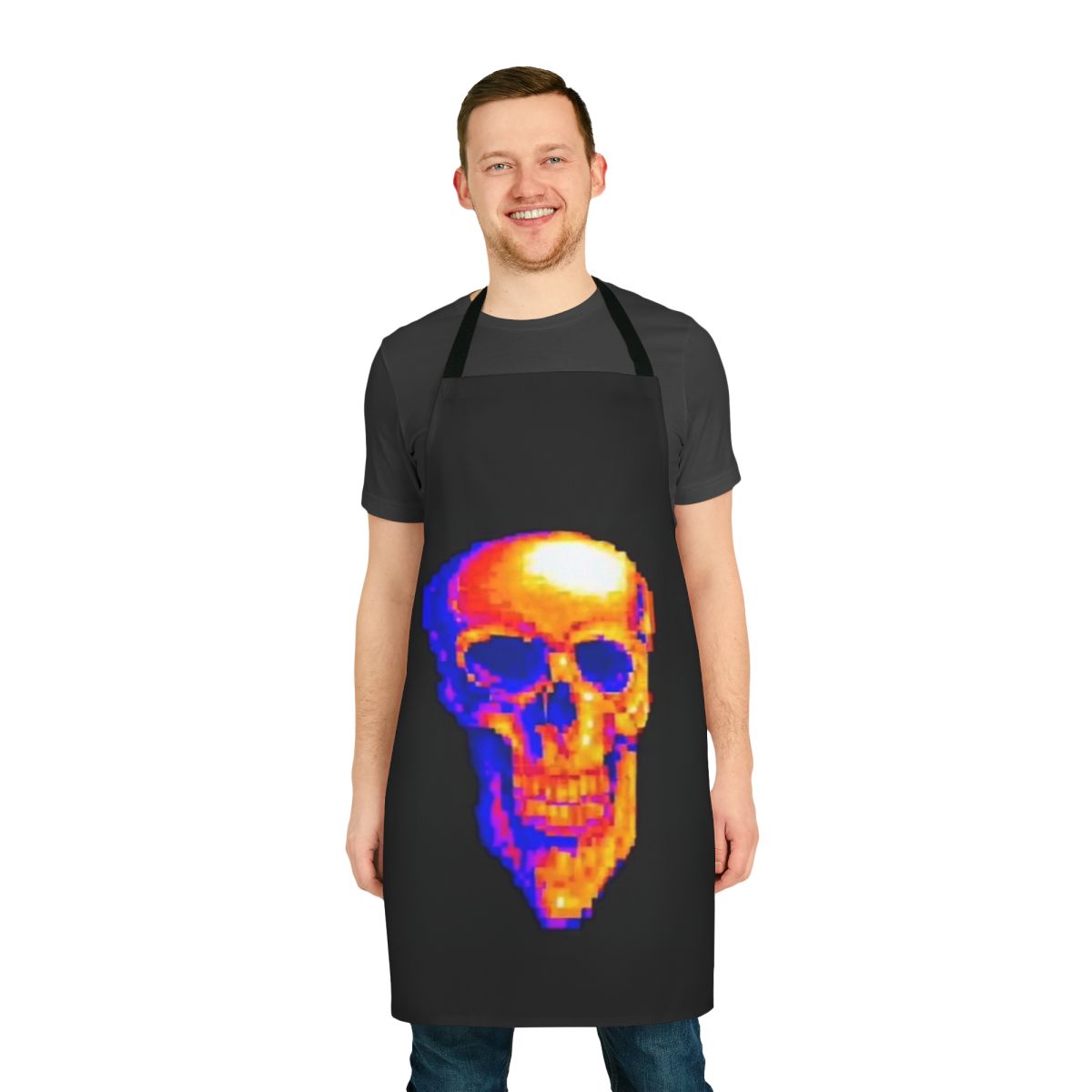 Mde-inspired pixel art apron with rainbow and skull design