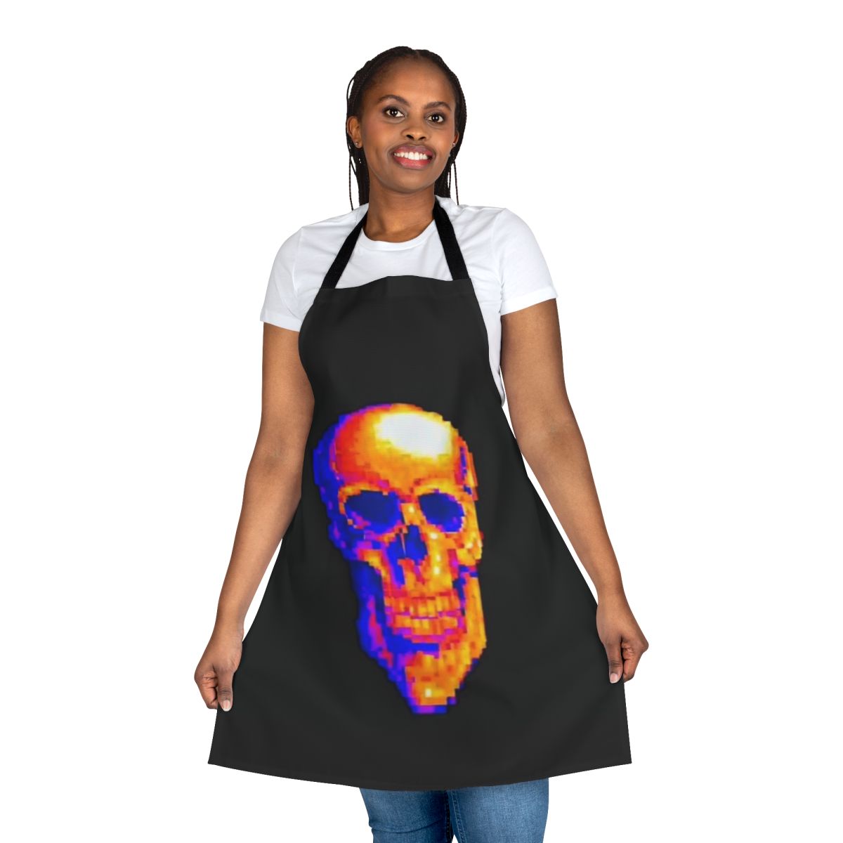 Mde-inspired pixel art apron with rainbow and skull design
